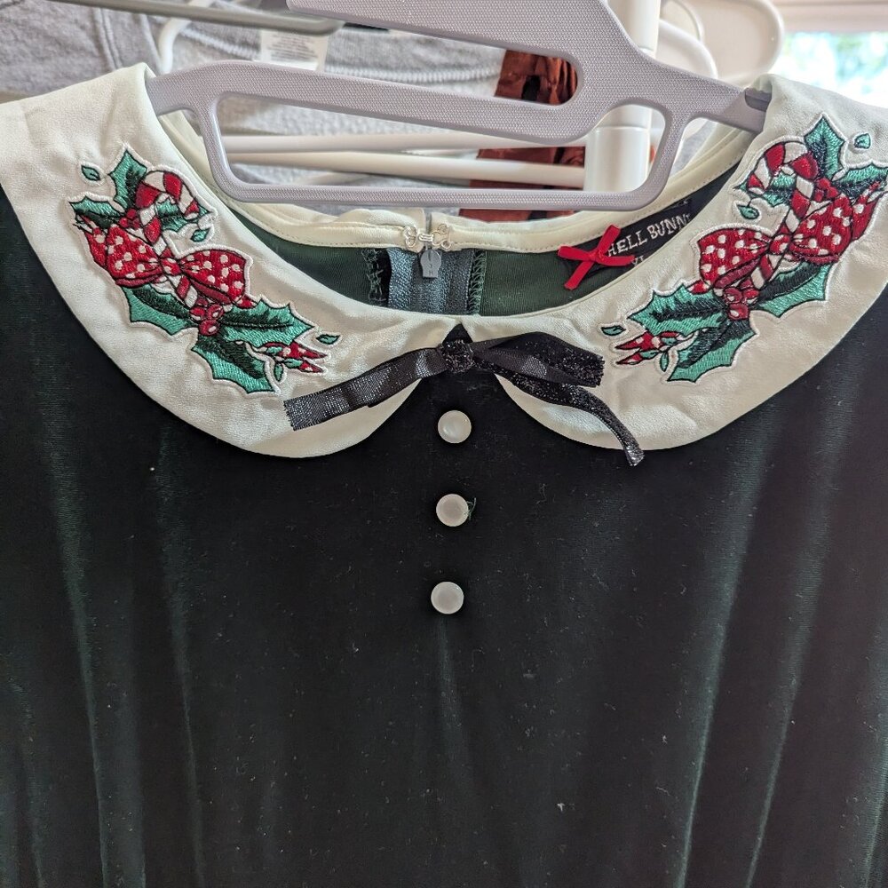 Hell Bunny Merrily Festive Xmas Green Velvet Mini Dress Pin Up Rockabilly